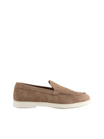 Brown suede loafer shoe on a light gray background