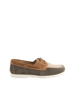 Brown and beige boat shoe on a light gray background