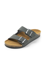 Men's charcoal grey, dark grey double strap cork footbed sandals, slides with adjustable metal buckles and lightweight EVA sole for everyday casual comfort.