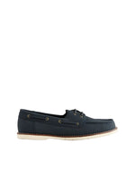 Navy blue boat shoe on a light gray background