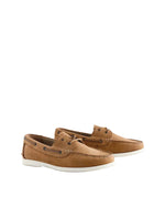 Pair of brown suede boat shoes on a light gray background
