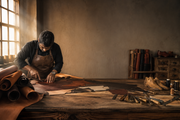 Behind the scenes at Monk Bespoke Labs as an artisan hand-cuts premium full-grain leather for handcrafted bespoke shoes in a traditional workshop.