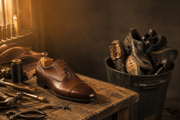Handcrafted full-grain leather Oxford shoe on a rustic wooden workbench with vintage shoemaking tools and worn-out shoes in the background, illustrating why quality shoes cost less over time.