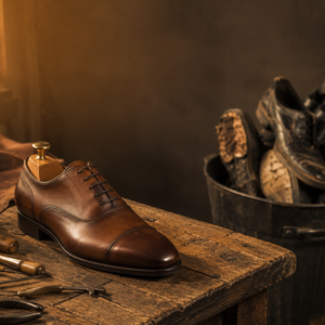 Handcrafted full-grain leather Oxford shoe on a rustic wooden workbench with vintage shoemaking tools and worn-out shoes in the background, illustrating why quality shoes cost less over time.