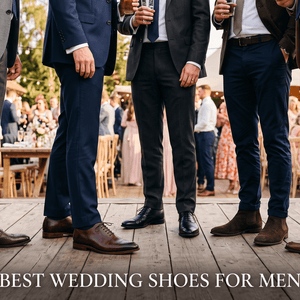 Groom wearing handcrafted black full-grain leather Oxford shoes with a tailored wedding suit.