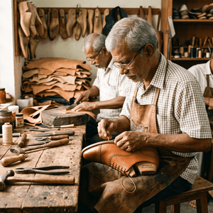 Artisan handcrafting a premium leather shoe.