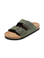 An olive green double-strap slide sandal with silver-tone metal buckles, a cork midsole, and a black outsole, shown on a light beige background.