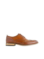 Brown leather brogue shoe on a light gray background