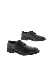 Pair of black leather dress shoes on a white background