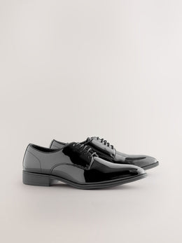 Sleek Black Patent Leather Derby Shoes By Monk Bespoke Labs