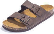 A dark brown double-strap sandal with square metal buckles, a tan footbed, and a cork-textured midsole, shown on a white background.