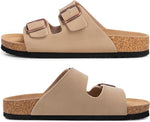 A pair of beige double-strap slide sandals with cork midsoles and black outsoles, shown from the side in two views against a white background.