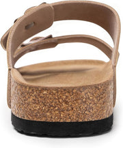 A close-up of a platform sandal with a tan leather strap, a cork-textured midsole, and a black outsole, shown against a plain white background.