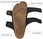 A top-down view of a contoured footbed insert with black side supports, labeled with callouts reading 'Natural Contoured Footbed,' 'More Toe Room,' 'Deep Heel Cup,' and 'Arch Support' on a white background.
