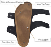 A top-down view of a contoured footbed insert with black side supports, labeled with callouts reading 'Natural Contoured Footbed,' 'More Toe Room,' 'Deep Heel Cup,' and 'Arch Support' on a white background.