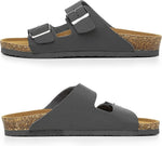 A pair of dark gray double-strap slide sandals with cork-look soles, shown from the side and top-down views against a white background.
