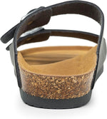 A close-up of a black leather sandal with a brown cork-textured midsole and tan footbed, shown on a white background.