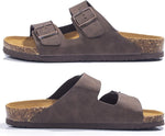 Brown sandals with cork soles on a white background