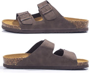 Brown sandals with cork soles on a white background
