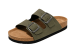 An olive green double-strap slide sandal with silver-tone metal buckles, a cork midsole, and a black outsole, shown on a light beige background.