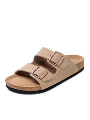 Men's beige double strap cork footbed sandals with adjustable metal buckles, ergonomic cork footbed, and lightweight EVA sole for comfortable everyday casual summer wear.