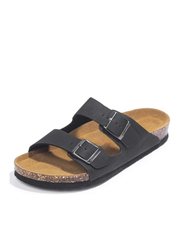 Men's black double strap cork footbed sandals with adjustable metal buckles, ergonomic cork footbed, and lightweight EVA sole for comfortable everyday casual wear.