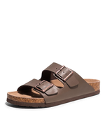 Men's brown double strap cork footbed sandals & Slides with adjustable metal buckles, soft footbed, and lightweight EVA sole for everyday comfort and casual summer wear.