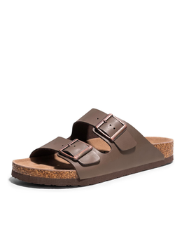 Men's brown double strap cork footbed sandals & Slides with adjustable metal buckles, soft footbed, and lightweight EVA sole for everyday comfort and casual summer wear.