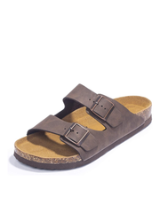 Men's dark brown double strap cork footbed sandals with adjustable metal buckles, ergonomic cork footbed, and lightweight EVA sole for comfortable everyday casual wear.