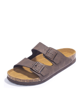 Men's dark brown double strap cork footbed sandals with adjustable metal buckles, ergonomic cork footbed, and lightweight EVA sole for comfortable everyday casual wear.