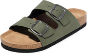 Olive green double buckle comfort sandals for men with adjustable metal buckles, contoured cork footbed, and lightweight black EVA sole for everyday casual wear
