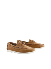 Pair of brown suede boat shoes on a light gray background