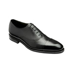 Black leather dress shoe on a white background