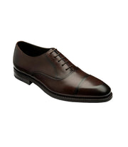 Brown leather dress shoe on a white background
